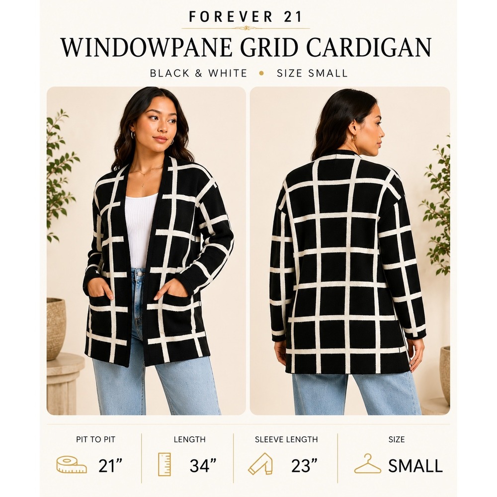 Lost + Wander Black White Grid Windowpane Longline Open Front Cardigan Medium